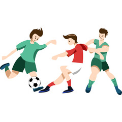 Three Male Athletes Competing in a Football Match on a Transparent Background with One Player Kicking the Ball and Two Defending in Diverse Colored Sportswear