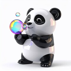 Adorable cartoon panda blows colorful bubbles with a happy expression
