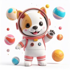 Adorable cartoon dog in a spacesuit, waving with planets around it
