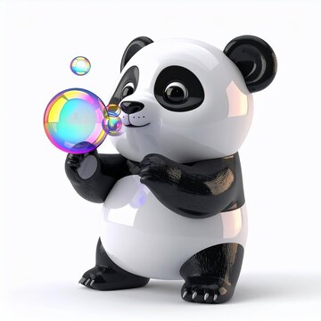 Adorable cartoon panda blows colorful bubbles with a happy expression
