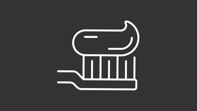 Animated toothbrush with paste white line icon. Teeth washing routine animation. Oral cavity hygiene routine. Toothpaste preventing caries. Isolated element on dark background. Alpha transparent video