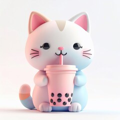 Adorable cartoon cat with pink blush, holding a pastel pink bubble tea cup