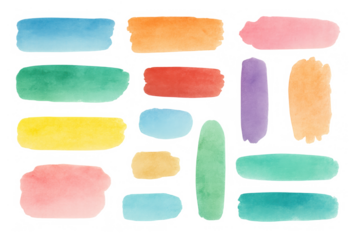 Watercolor brush strokes creating colorful vibrant paint texture elements, drawing stains for design or artistic background