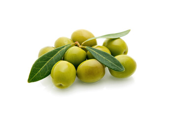 green olives with green leaves isolated on white background.