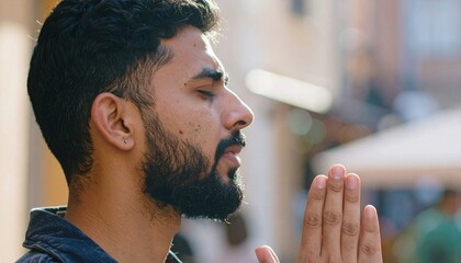 Portrait of bearded religion indian man praying with closed eyes to God asking for blessing, help, forgiveness outdoor. 