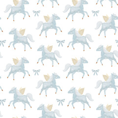 Seamless watercolor pattern with blue winged horses and delicate bows. Perfect for nursery textiles, kids wallpaper, fabric prints, baby clothes, scrapbooking, and magical-themed designs.