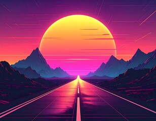 Neon landscape with road leading to sunset between mountains