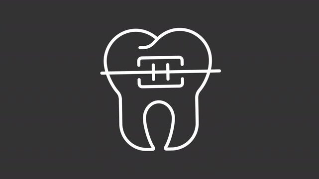 Animated orthodontic braces white line icon. Stomatology care animation. Dental appliances to straighten teeth. Correct misaligned bites. Isolated element on dark background. Alpha transparent video