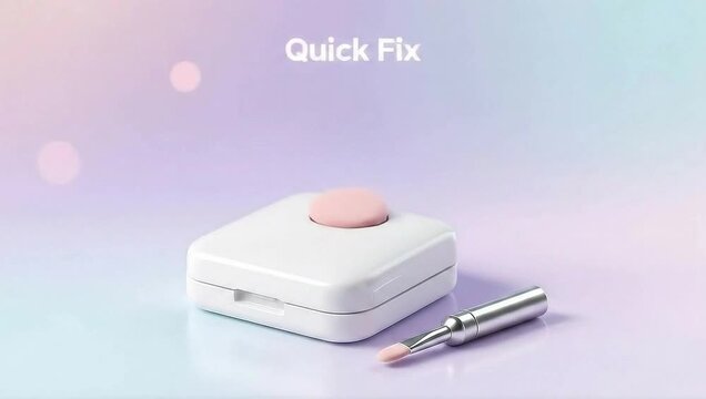 Close up of open white compact with pink powder and applicator on pastel background video