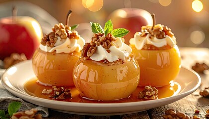 Obraz premium Three Baked Apples Topped With Whipped Cream Crushed Walnuts And Fresh Mint Sprigs Served In A White Plate With A Drizzle Of Syrup On A Wooden Table With Soft Bokeh Lights In The Background