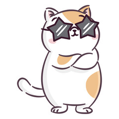 A cute cool cat stands with his arms crossed over his chest, wearing sunglasses. A cute vector illustration in a simple style. . Vector illustration