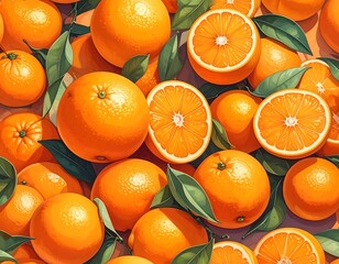 Overhead shot of ripe oranges with leaves, some cut open