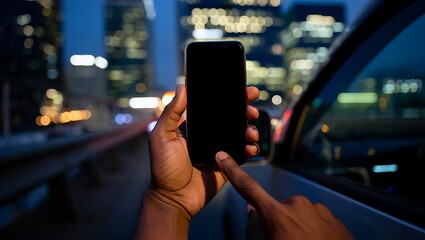 Close-up of a person's hand using a smartphone with a blank screen inside a car at night, with a blurry city skyline in the background.