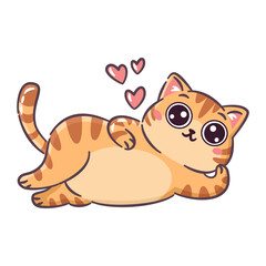 Fototapeta premium A cute cat lies on its side and flirts, a cat in love and hearts. A cute vector illustration in a simple style. Vector illustration