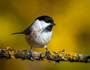Perched songbird with black cap, white cheeks, and yellow background