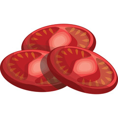 Three Sliced Red Ripe Tomatoes Arranged Overlapping Against a White Background With a Transparent Overlay