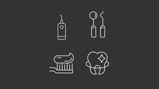 Animated everyday teeth care white line icons. Oral cavity hygiene animation set. Dental exam and treatment. Stomatology service. Isolated elements on dark background. Alpha channel HD video
