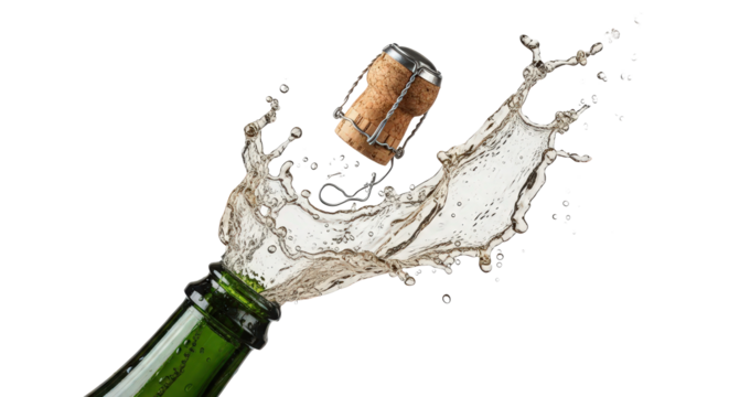 Champagne bottle cork popping with splash isolated on transparent background