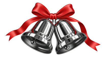 Two shiny silver christmas bells with red ribbon isolated on transparent background