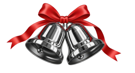 Two shiny silver christmas bells with red ribbon isolated on transparent background