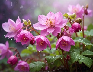 Pink flowers with raindrops, capturing a delicate beauty and fresh aesthetic
