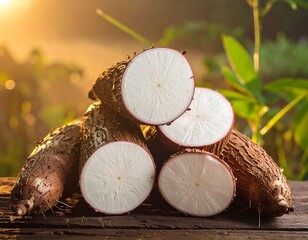 Pile of cassava, some halved, resting on wood, sunlight in background