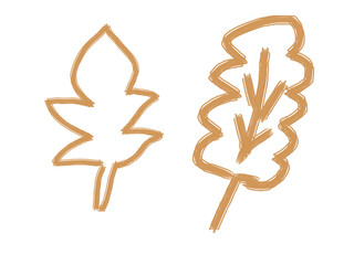 Two outlined leaf drawings in tan color on a black background with simple shapes and line designs