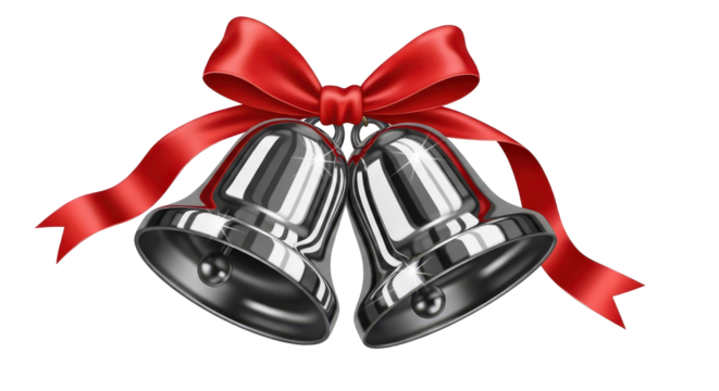 Two shiny silver christmas bells with red ribbon isolated on transparent background