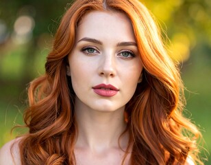 Portrait of a fair-skinned woman with long, flowing red hair, gazing forward