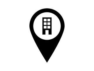 Fototapeta premium Black map pointer pin containing a building icon signifying office location or business address isolated on white.
