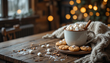 Cozy Hot Chocolate with Marshmallows and Cookies on Christmas Table