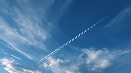 A contrail from an airplane soaring across a bright blue sky with wispy clouds