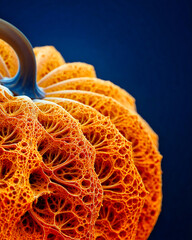 Macro shot of pumpkin with fractal-like surface against deep blue background, Halloween concept