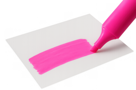 Pink highlighter pen marking a strong line on blank white paper, creating a vibrant highlight on transparent background