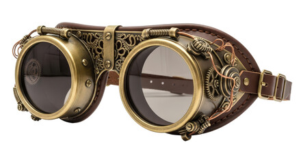 Ornate steampunk goggles with leather straps isolated on transparent background