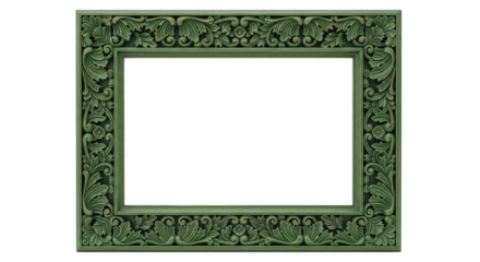 Ornate antique green carved wooden picture frame isolated on transparent background