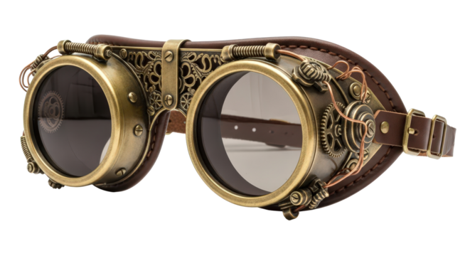 Ornate steampunk goggles with leather straps isolated on transparent background