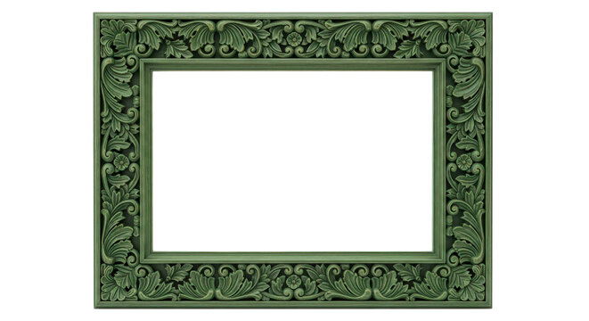 Ornate antique green carved wooden picture frame isolated on transparent background