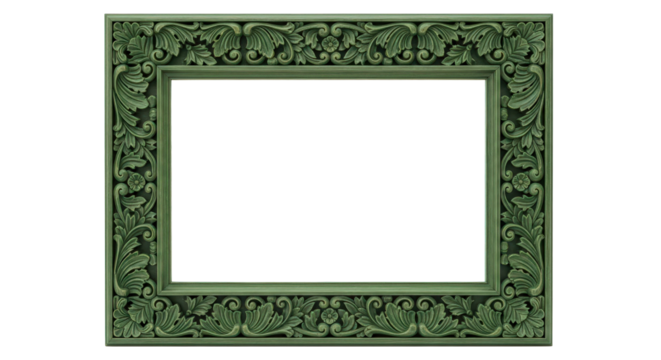 Ornate antique green carved wooden picture frame isolated on transparent background