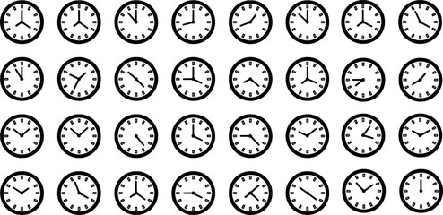 Fototapeta premium Minimal Clock Icon Set in Outline Style Representing Time, Schedule, and Punctuality Concept - Analog Clock Icon set.