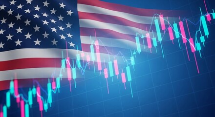 Analyzing USA market trends and economic growth with stock market chart overlayed flag