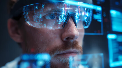 A focused individual wearing futuristic glasses, examining data projected on transparent screens. The scene evokes a sense of innovation and technological advancement.