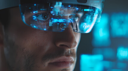 Man using augmented reality glasses in a futuristic tech setting, eyes reflect display