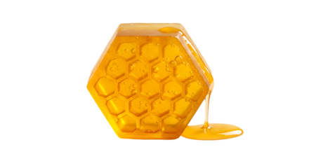 Honeycomb shaped honey soap isolated on transparent background with dripping honey