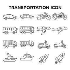 Vector collection of transportation outline icons featuring various vehicles like cars, buses, planes, and ships, perfect for web and graphic design