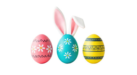 Three decorated easter eggs with bunny ears isolated on transparent background
