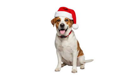 Happy dog wearing a santa hat isolated on transparent background