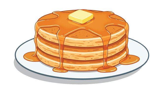 Stack of pancakes with syrup and butter on a white plate with a clean background.