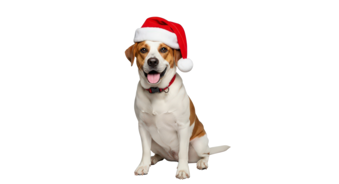 Happy dog wearing a santa hat isolated on transparent background