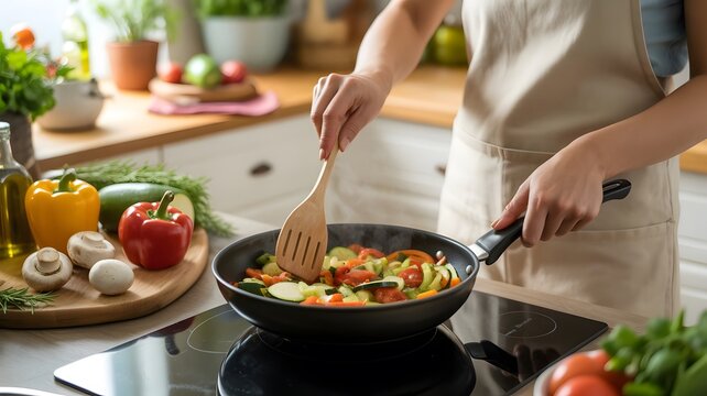 4K Realistic Image of Person Cooking Fresh Vegetables in Pan on Kitchen Stove  Healthy Home Cooking Scene, No Face Visible